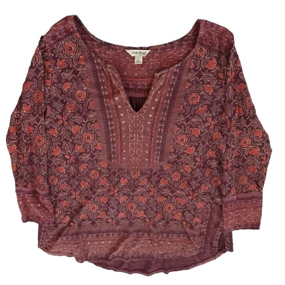 Lucky Brand Women's Large‎ Summer Paisley Floral Stretch  Henley Modal Blouse